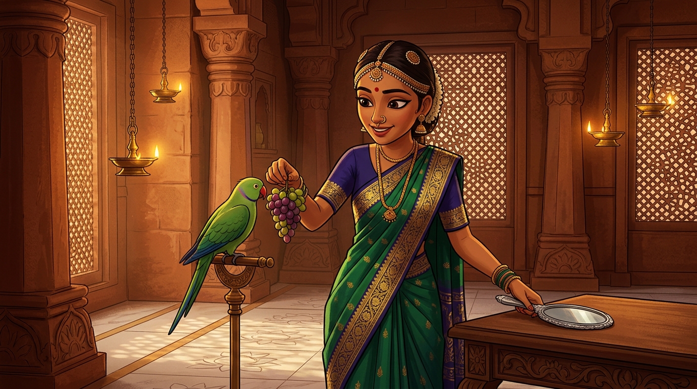 Prabhavati sets aside the silver mirror, hands Shuka sweet grapes, and retreats peacefully