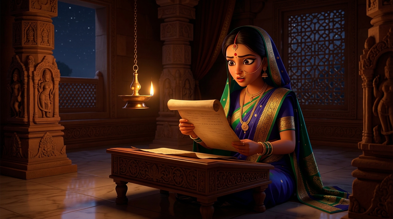 Prabhavati in royal indigo silk examining the falsified tax scroll with indignation