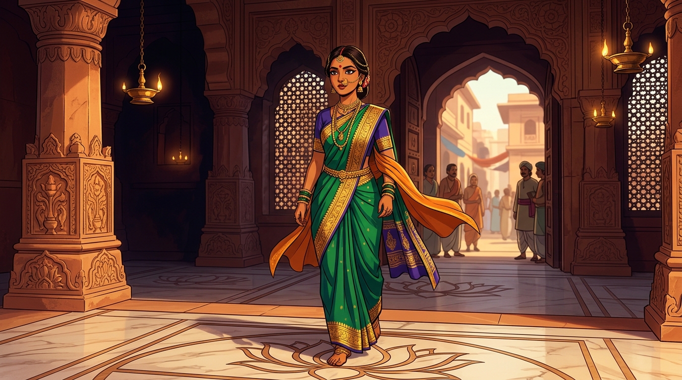 Prabhavati stepping toward the courtyard gate with determined steps