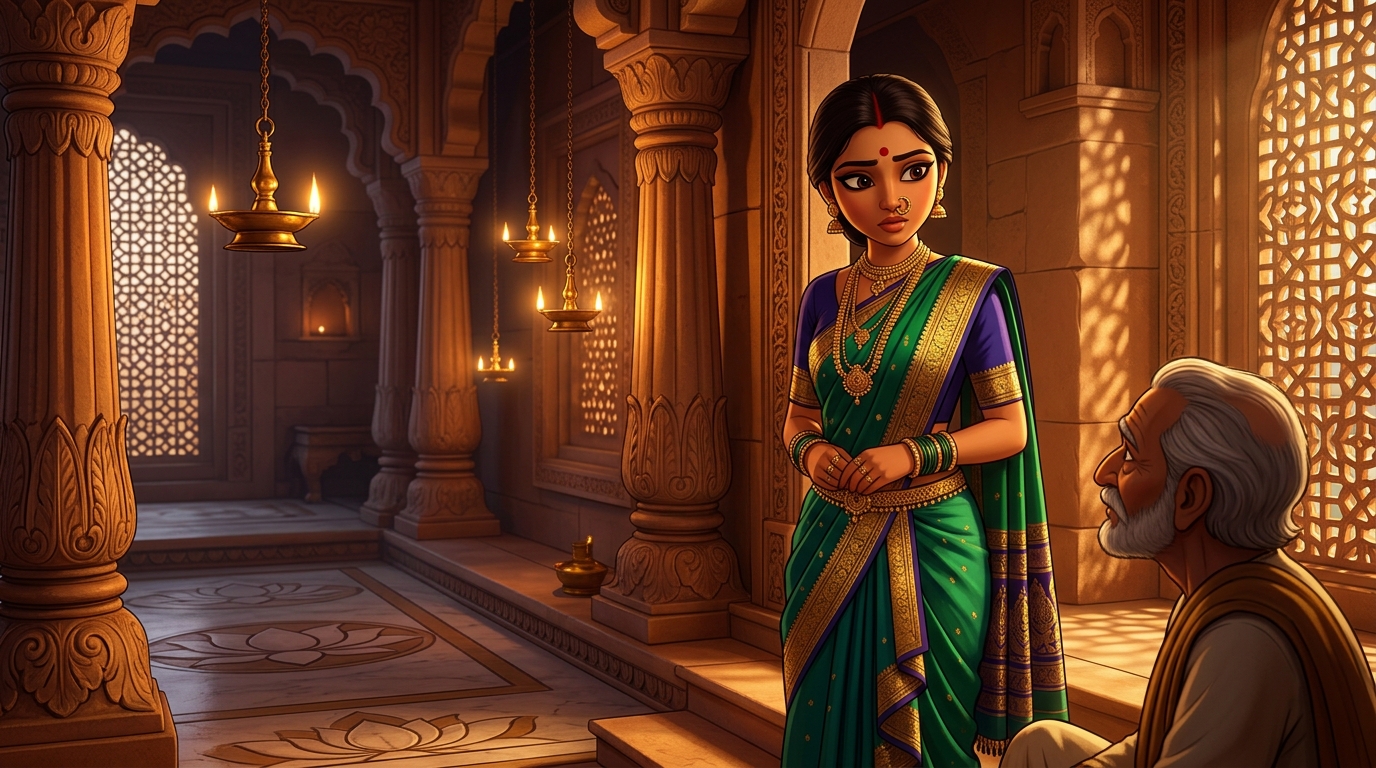 Prabhavati pausing on the doorstep with an inquiring look