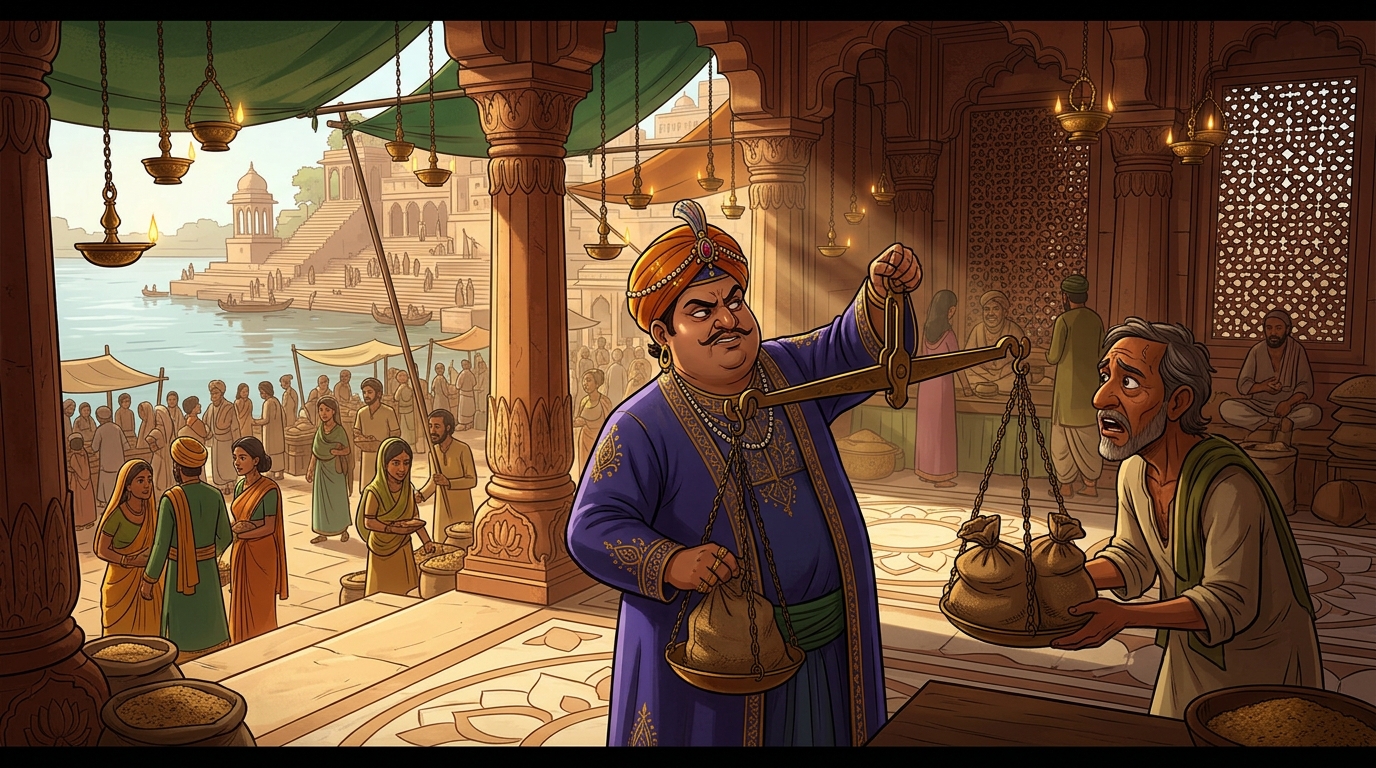 In the bustling market of Ujjayini, corrupt tax-collector Bhaskara using a giant bronze balance scale
