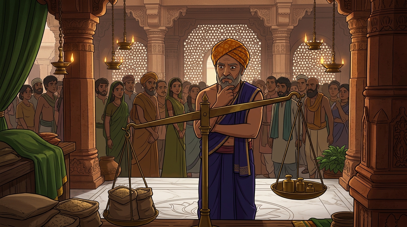 Wise merchant Kuberadatta stands in the crowd, observing the unnatural tilt of the scale's brass beam