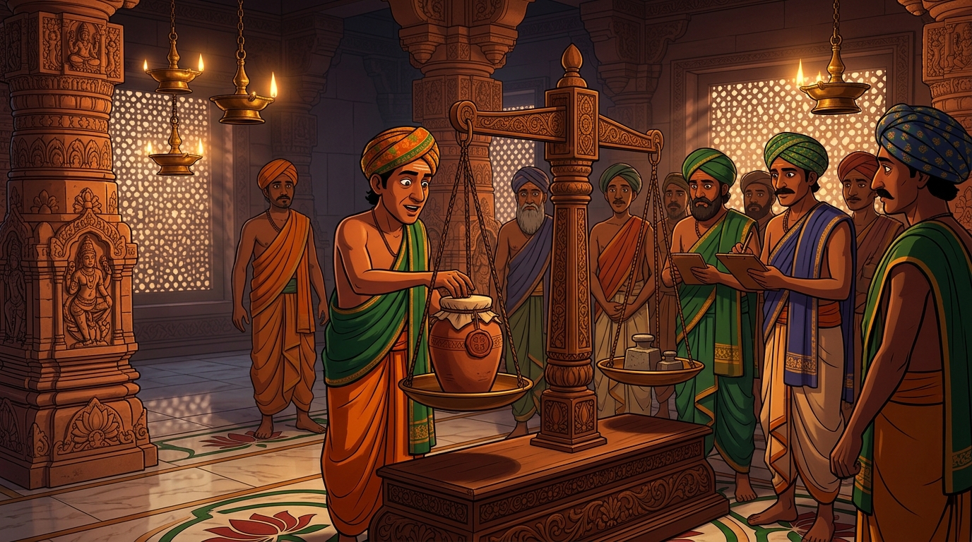 Kuberadatta brings a sealed terracotta jar of dry river sand, certified on sacred temple scales