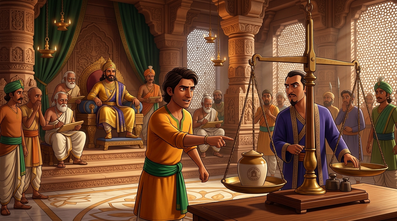 In court, Kuberadatta challenges collector Bhaskara to place the temple sand jar on his official scale