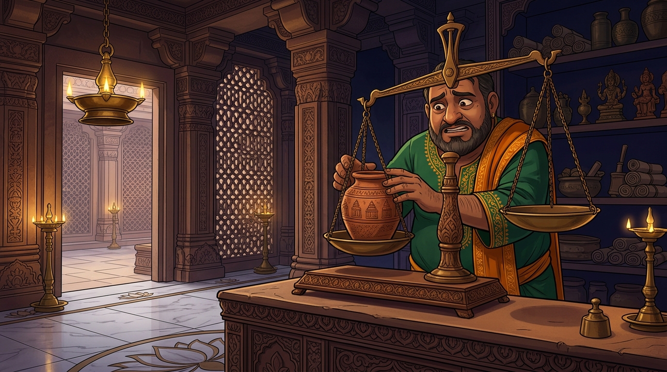 The collector places the sand jar on the scale; the scale tilts showing a false deficit