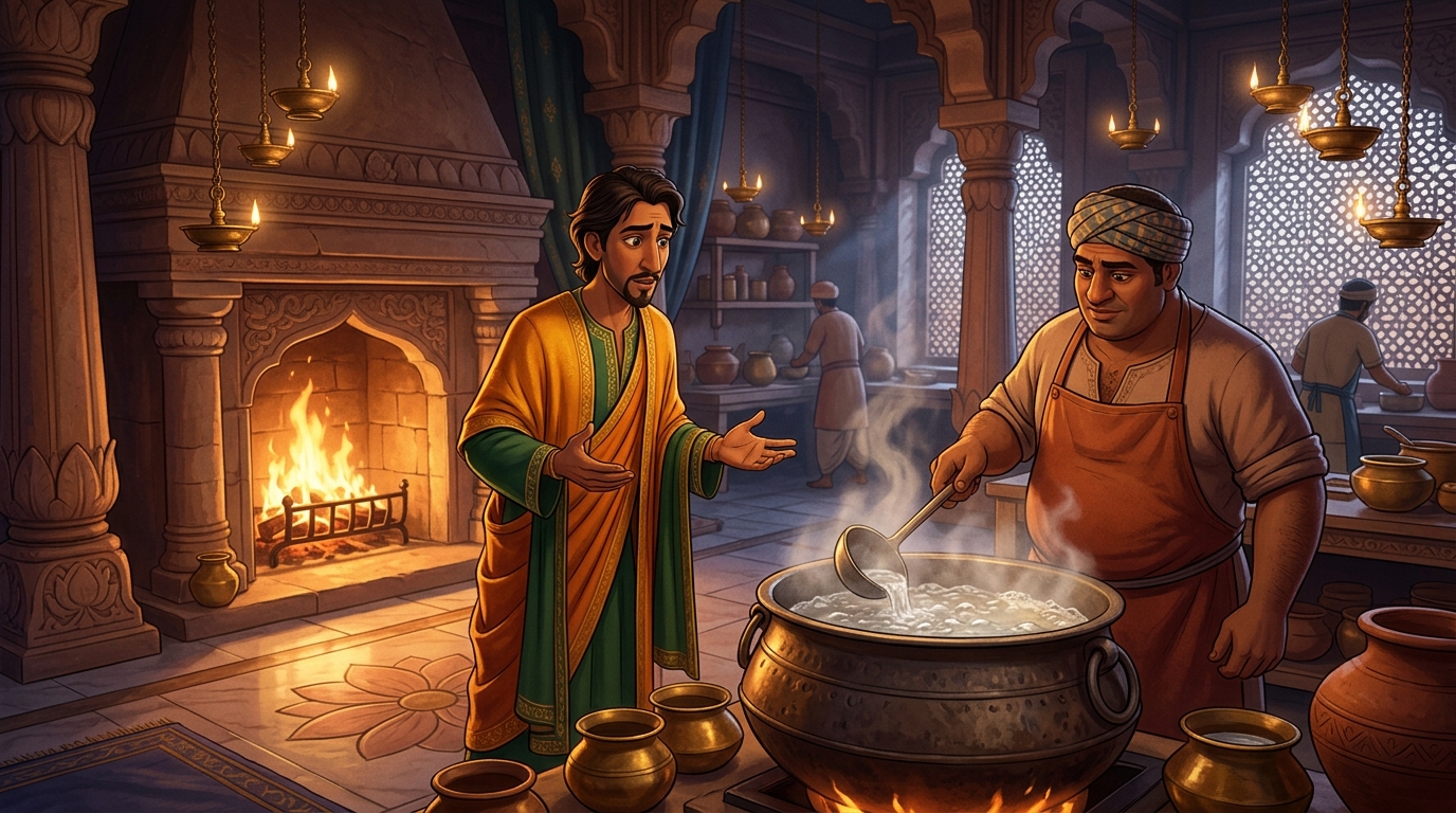 Kuberadatta requests a pot of boiling river water from the palace kitchen