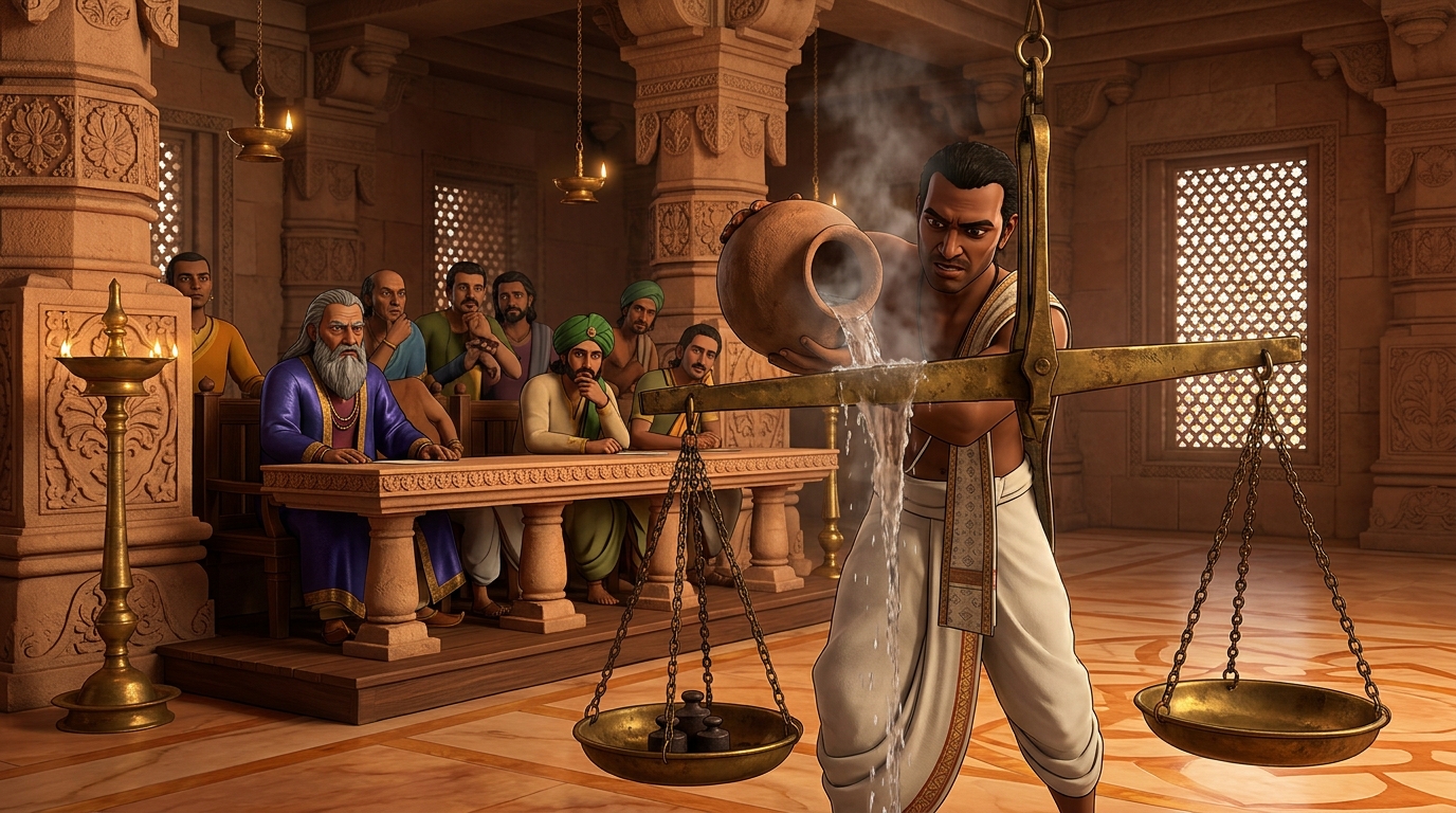 Kuberadatta pouring boiling water over the hollow brass beam of the balance scale