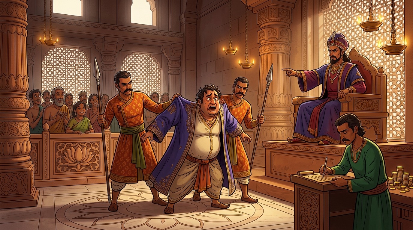 The corrupt tax collector stripped of robes, fined 10,000 gold dinars, and banished