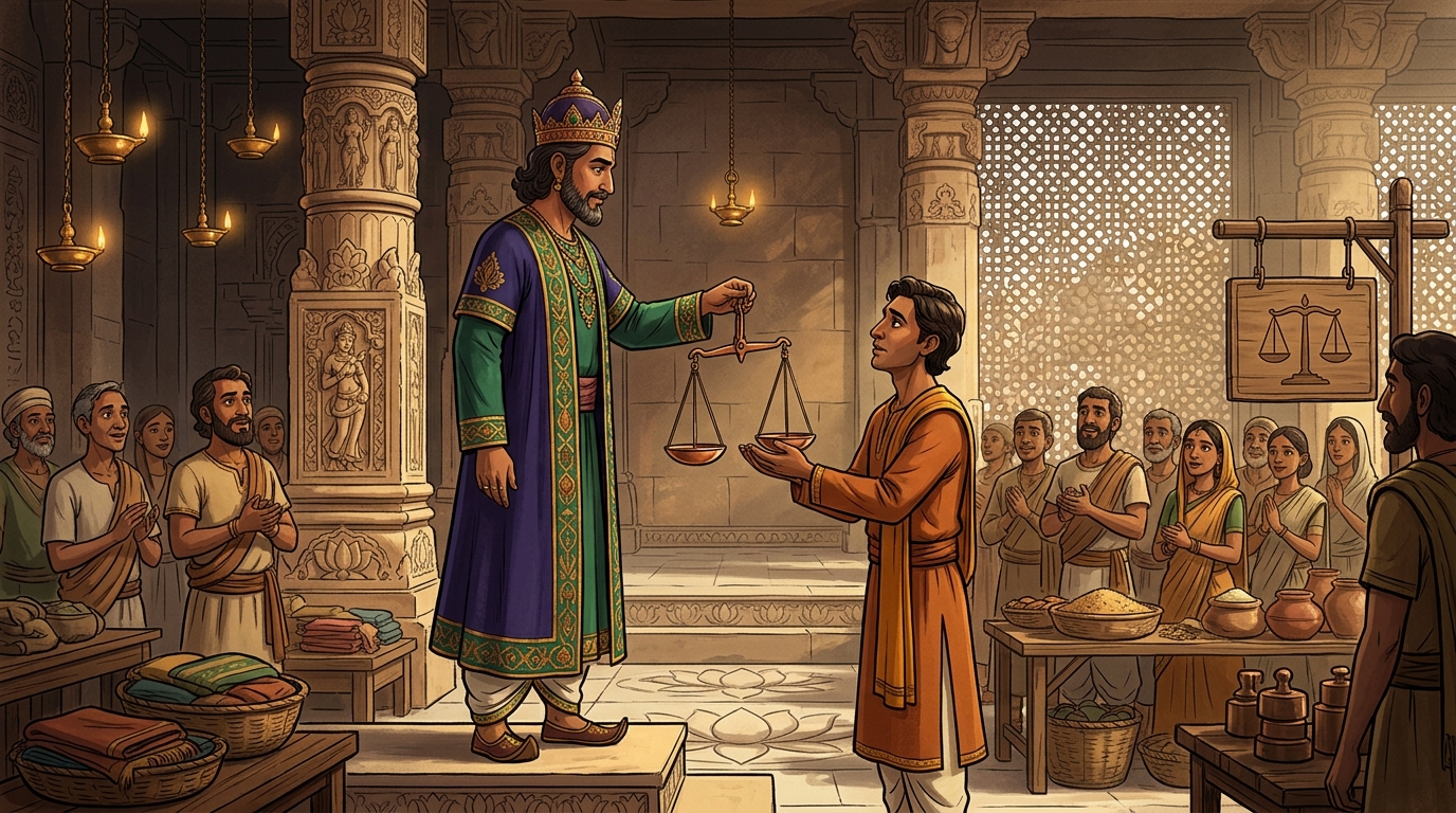 King appointing honest Kuberadatta as Royal Chief Master of Weights and Measures