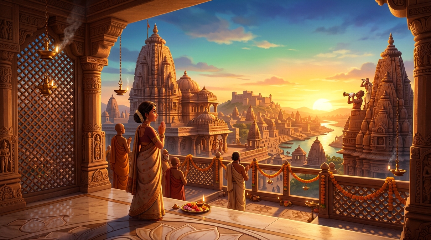 Golden dawn sunlight flooding across the Chandravati skyline as temple conches sound