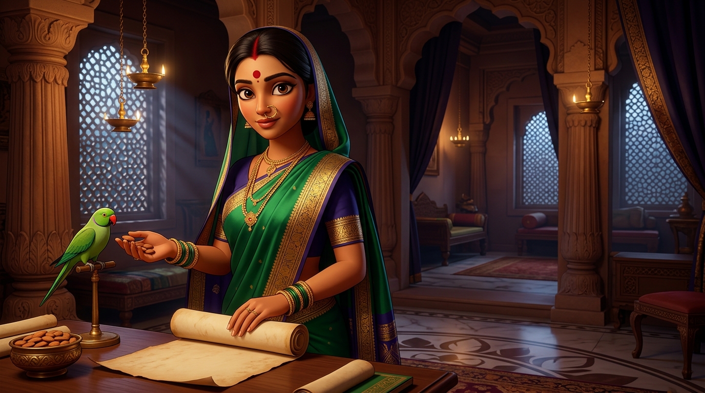 Prabhavati rolls up the tax scroll with calm dignity, gives Shuka almonds, retreats