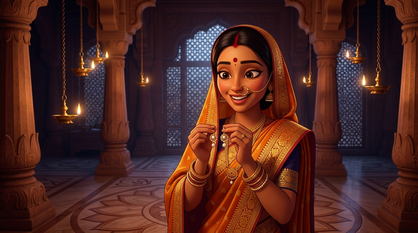 Prabhavati in saffron and gold silk holding the pearl earrings by candlelight