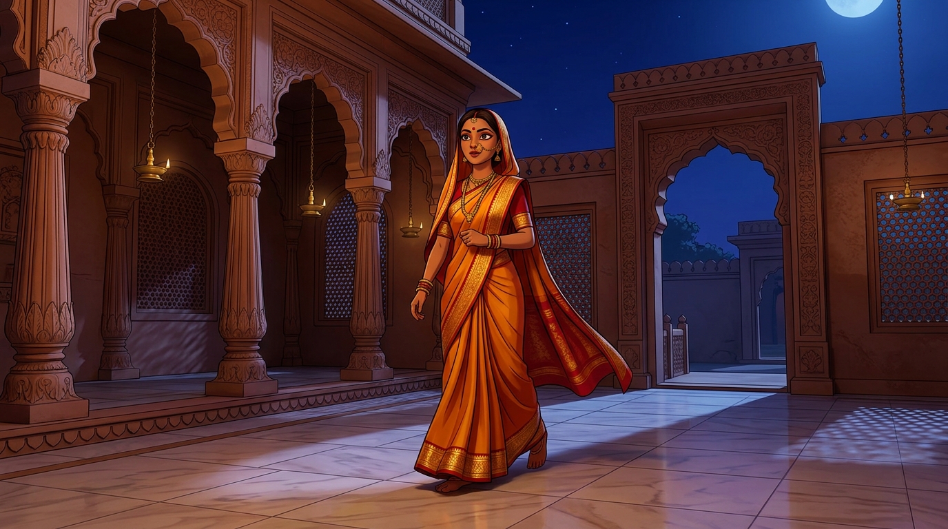 Prabhavati walking toward the courtyard gate with swift, confident steps under the moonlit sky