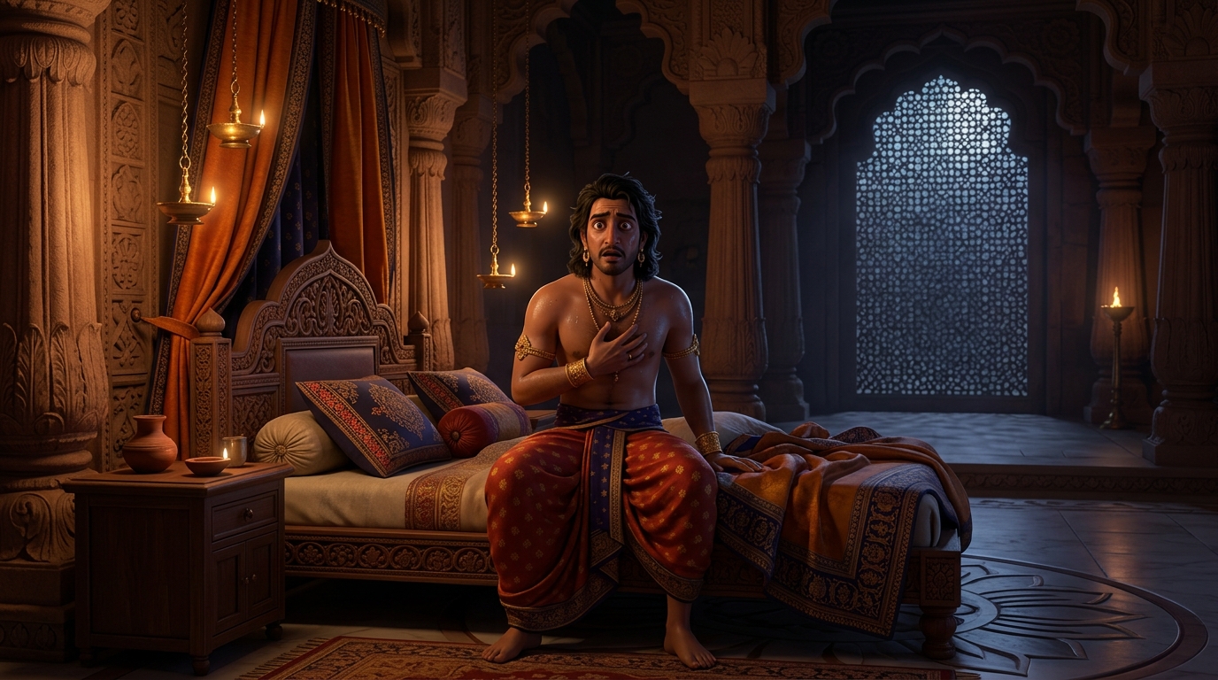 In the palace of Avanti, King Somadeva waking up in cold sweat from an ominous nightmare