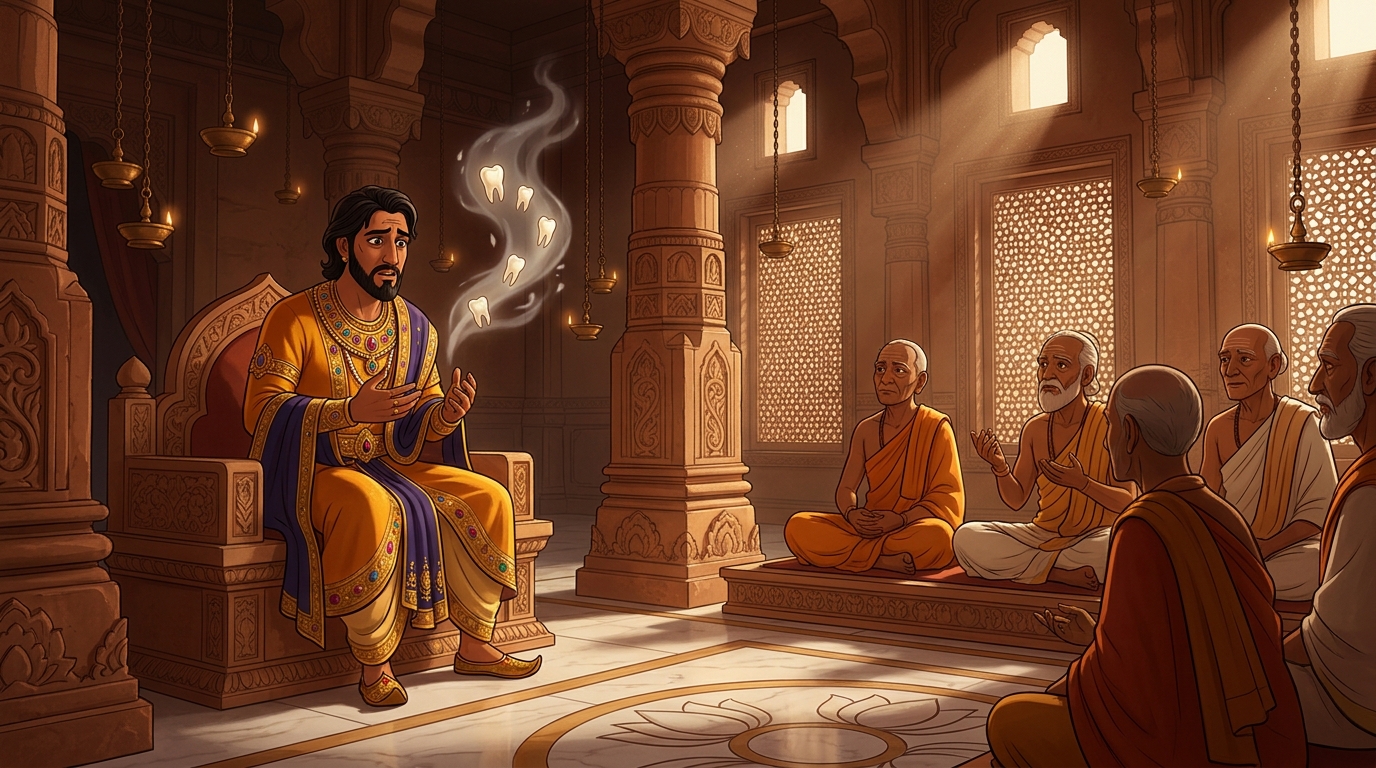 In the royal courtroom, King Somadeva narrating his nightmare to his court pandits
