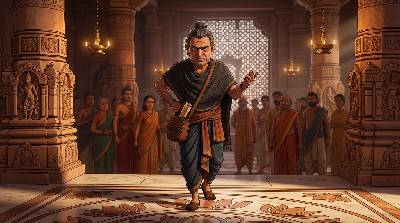 A blunt, pessimistic astrologer named Durmukha steps forward with a grim face