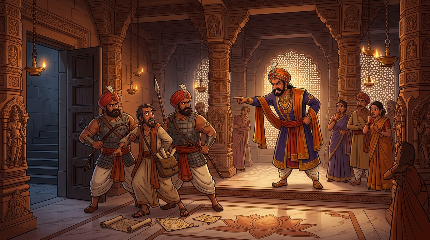 The enraged King Somadeva commands guards to whip the astrologer and throw him into the dungeon