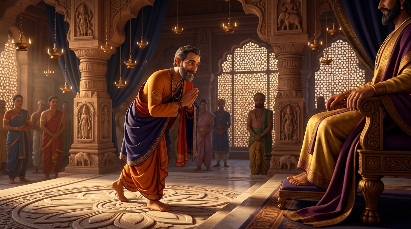 Wise and diplomatic astrologer Varahamitra steps forward, bowing with radiant grace