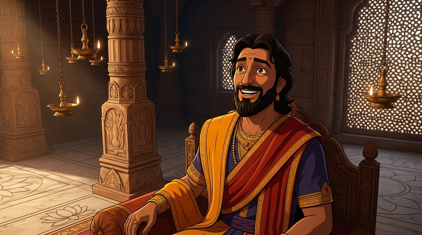 King Somadeva's face brightens with immense relief and joy, the gloom vanishing