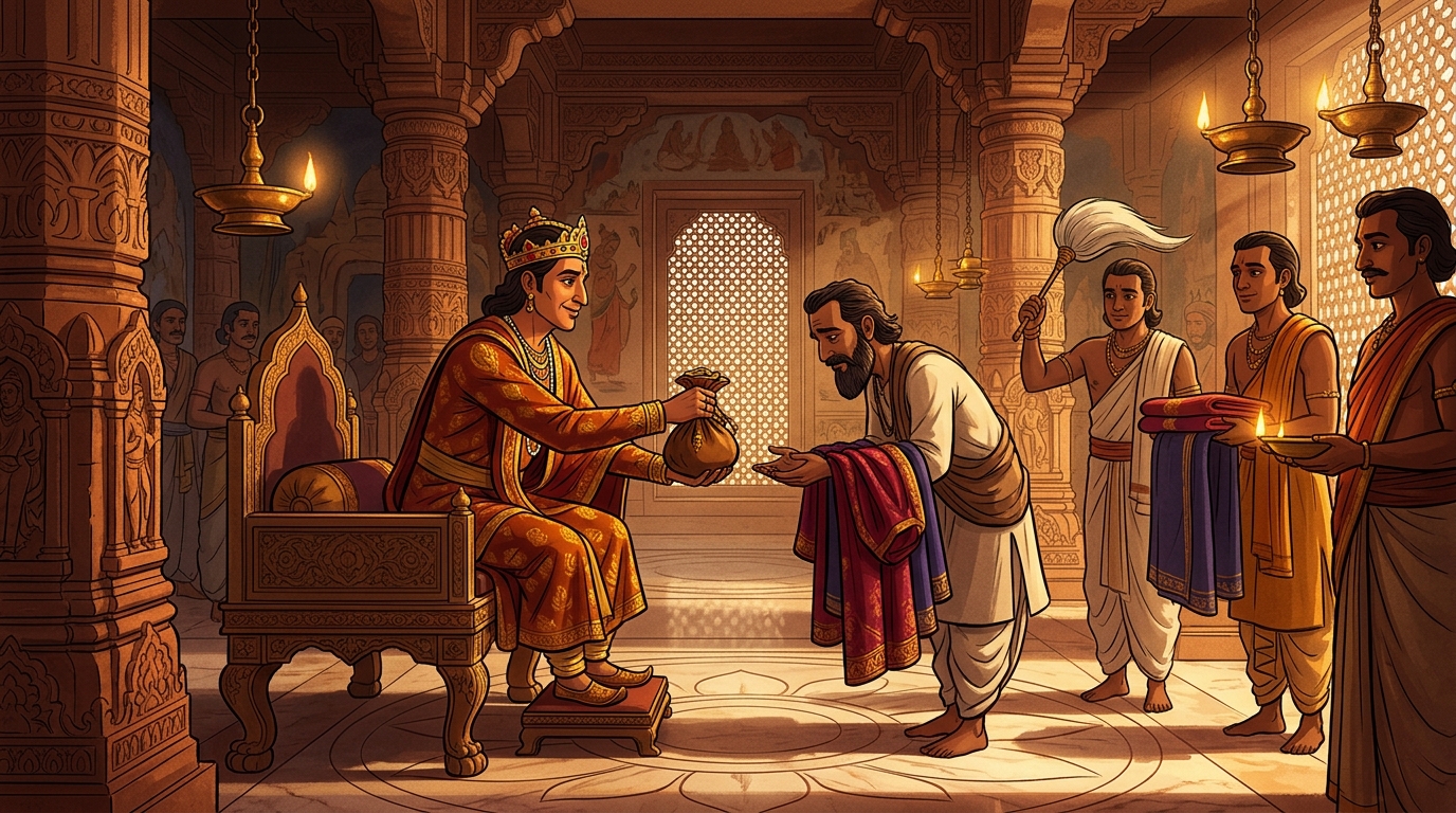 King Somadeva presents Varahamitra with a purse of 1,000 gold dinars and royal silk robes