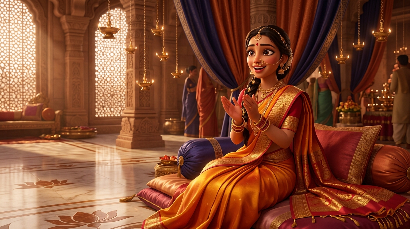 Prabhavati sitting on the silk cushions, clapping in wonder at the power of diplomatic speech