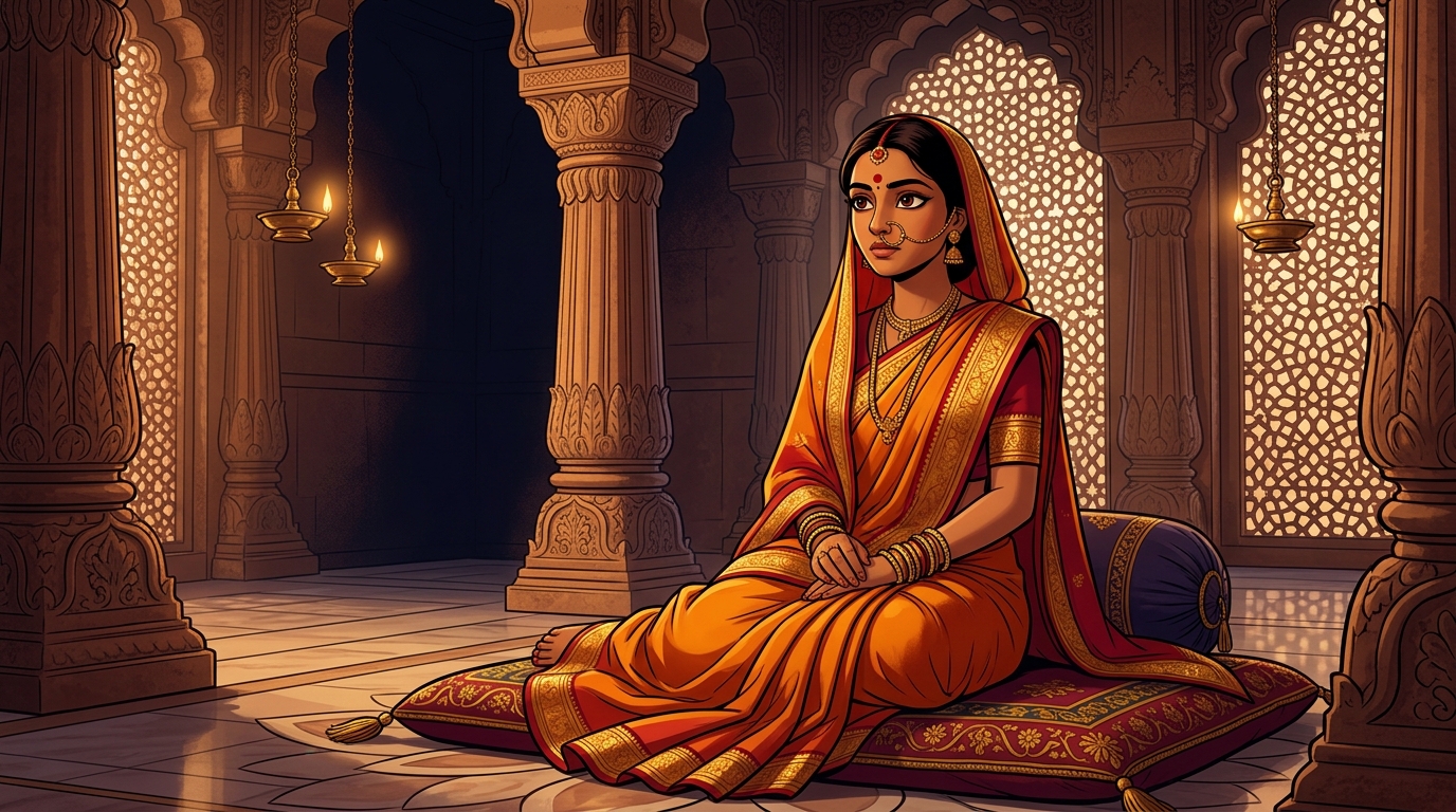 Prabhavati in deep philosophical contemplation, realizing wisdom in speech protects home