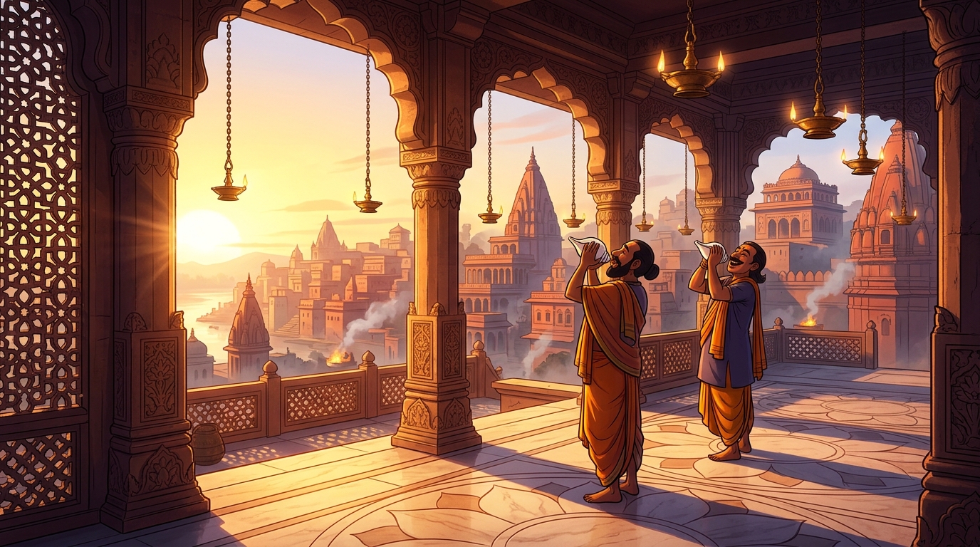Golden dawn sunlight flooding across the sandstone arches as temple conches sound