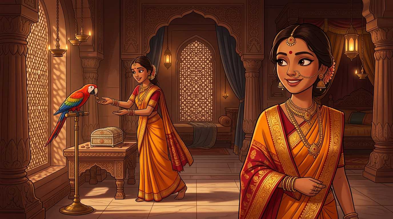 Prabhavati sets aside the pearl casket, hands Shuka sweet almonds, and retreats peacefully