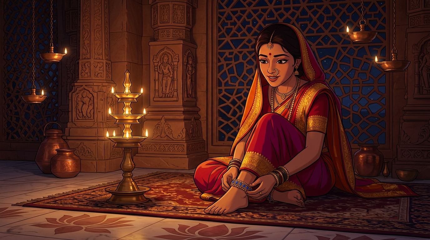 Prabhavati in crimson and saffron silk admiring the sapphire anklet by candlelight