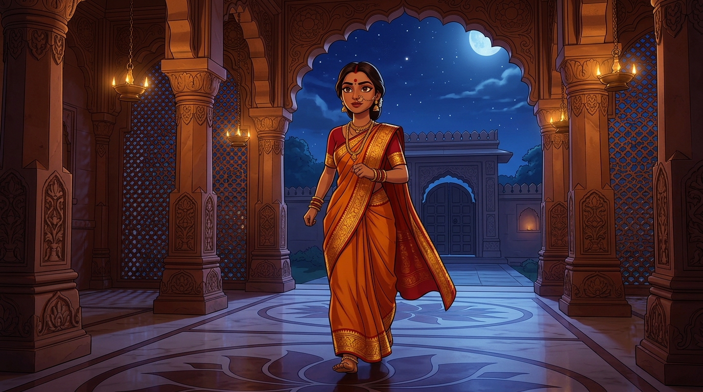 Prabhavati stepping toward the courtyard gate with swift, confident steps under the moonlit sky