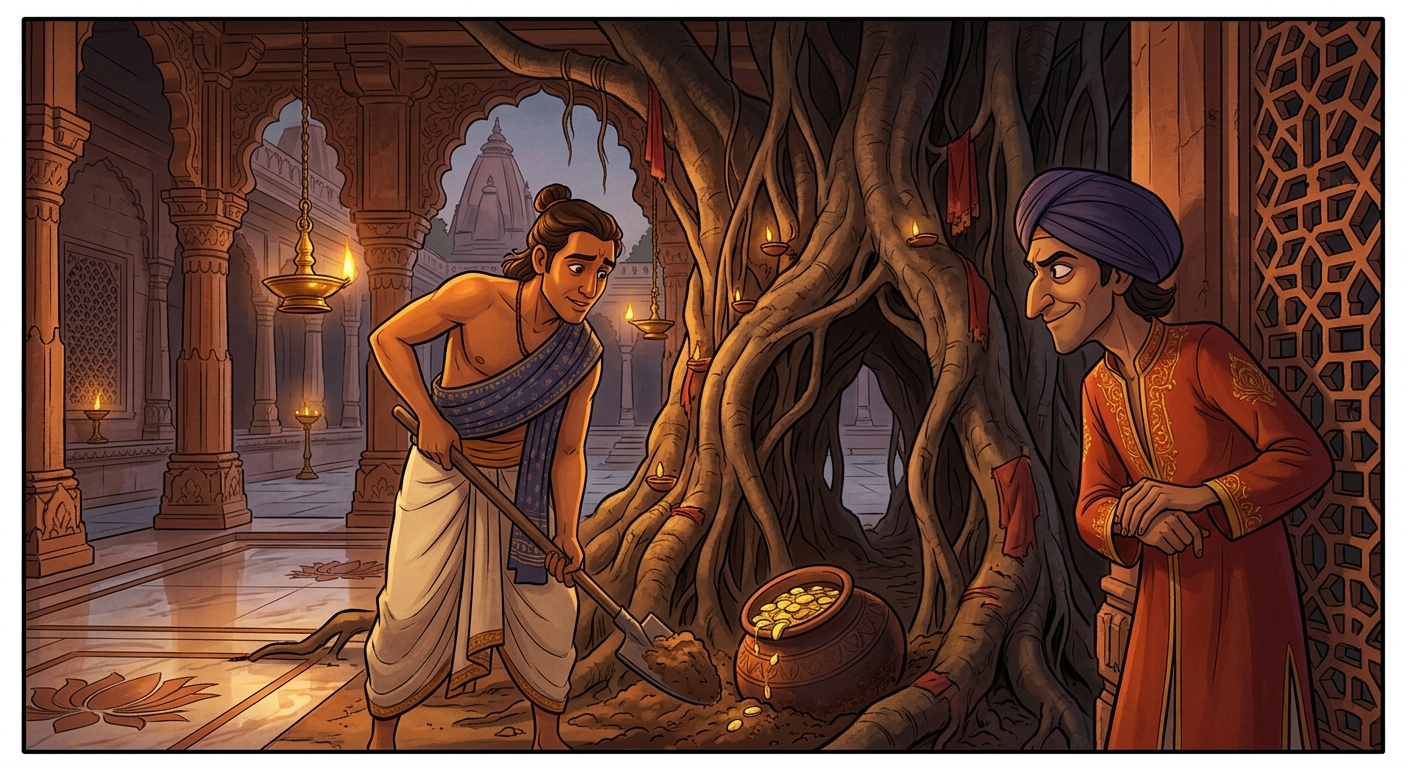 In ancient Kashi, honest Dharmabuddhi and cunning Dushtabuddhi bury a pot of 1,000 gold dinars beneath a giant Banyan tree