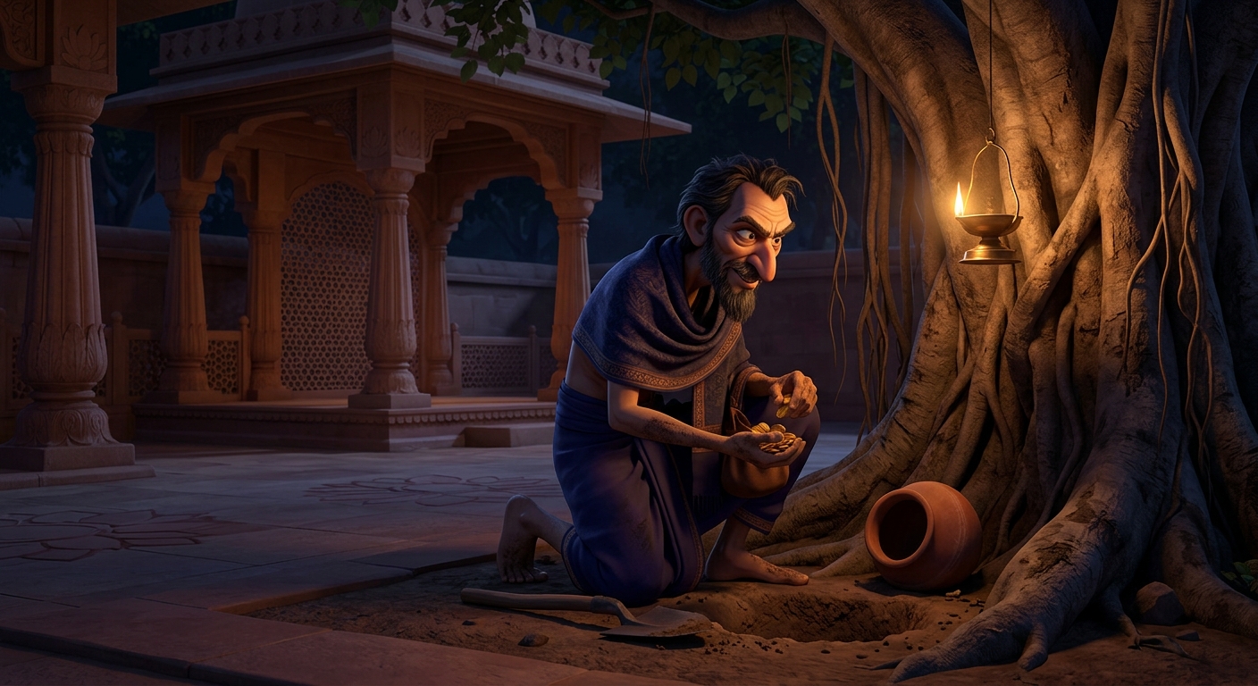 Midnight beneath the Banyan tree, Dushtabuddhi sneaks alone with a spade, stealing all the gold