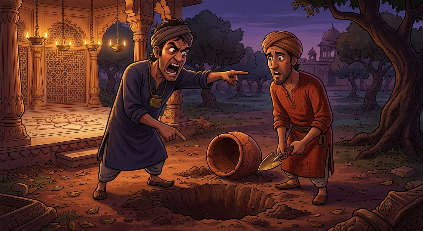 A month later, both partners dig up the pot; Dushtabuddhi screams in feigned rage, framing Dharmabuddhi
