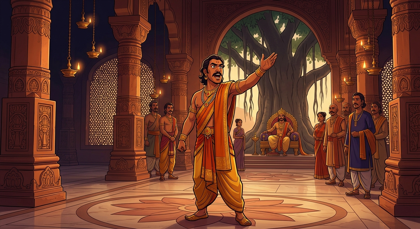 In court, Dushtabuddhi proclaims that the sacred Banyan tree itself will speak the thief's name