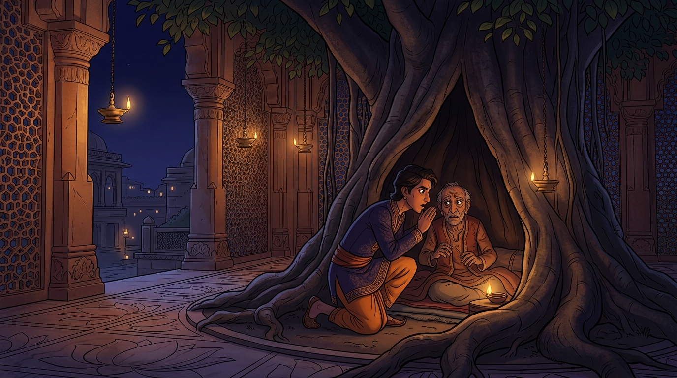 Dushtabuddhi hides his elderly father inside the hollow trunk of the Banyan tree at night