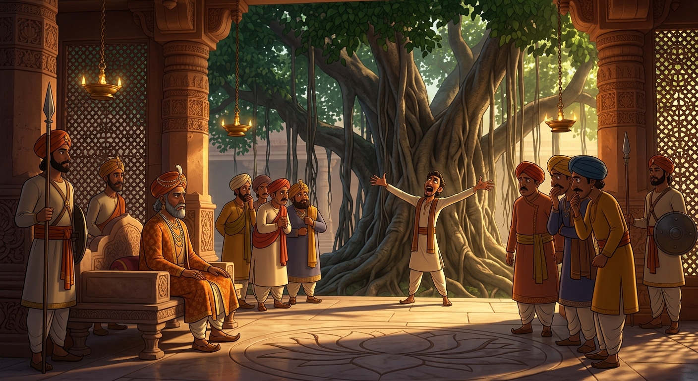 Next morning, Judge Dharmasheela, ministers, and guards gather around the giant Banyan tree