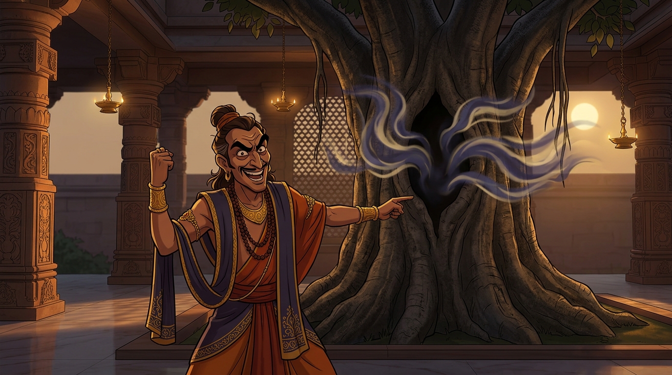 A muffled voice echoes from inside the tree trunk: 'Dharmabuddhi is the thief!'