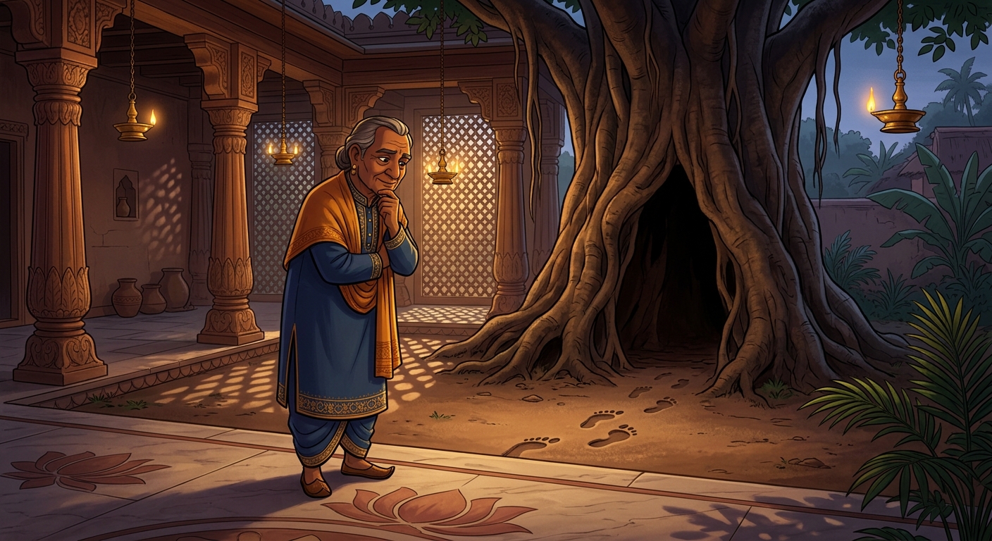 Wise Judge Dharmasheela suspects foul play, observing fresh human footprints at the tree base