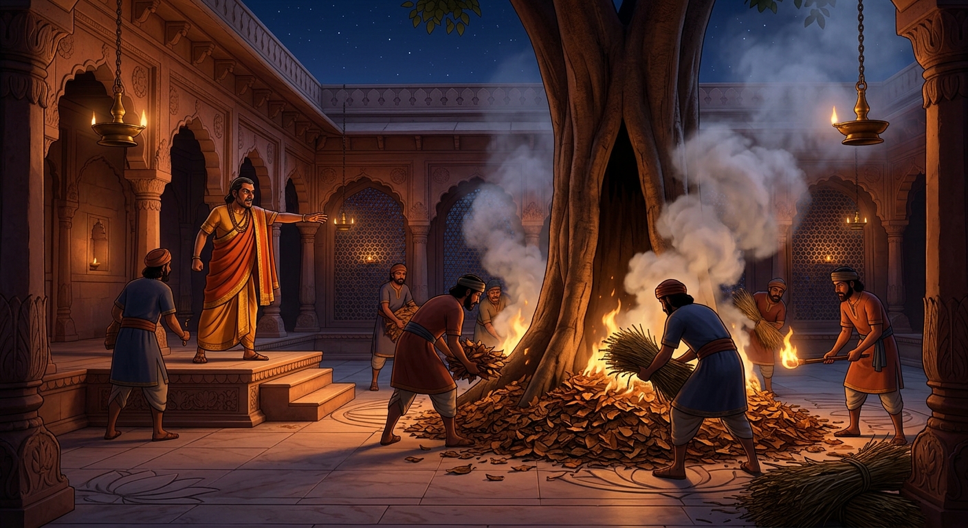 Judge Dharmasheela commands guards to pile dry leaves and wet pungent straw, setting it on fire