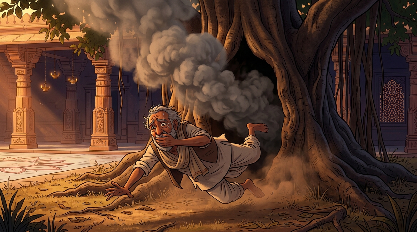 Thick pungent grey smoke fills the hollow trunk; the coughing old father falls out onto the grass