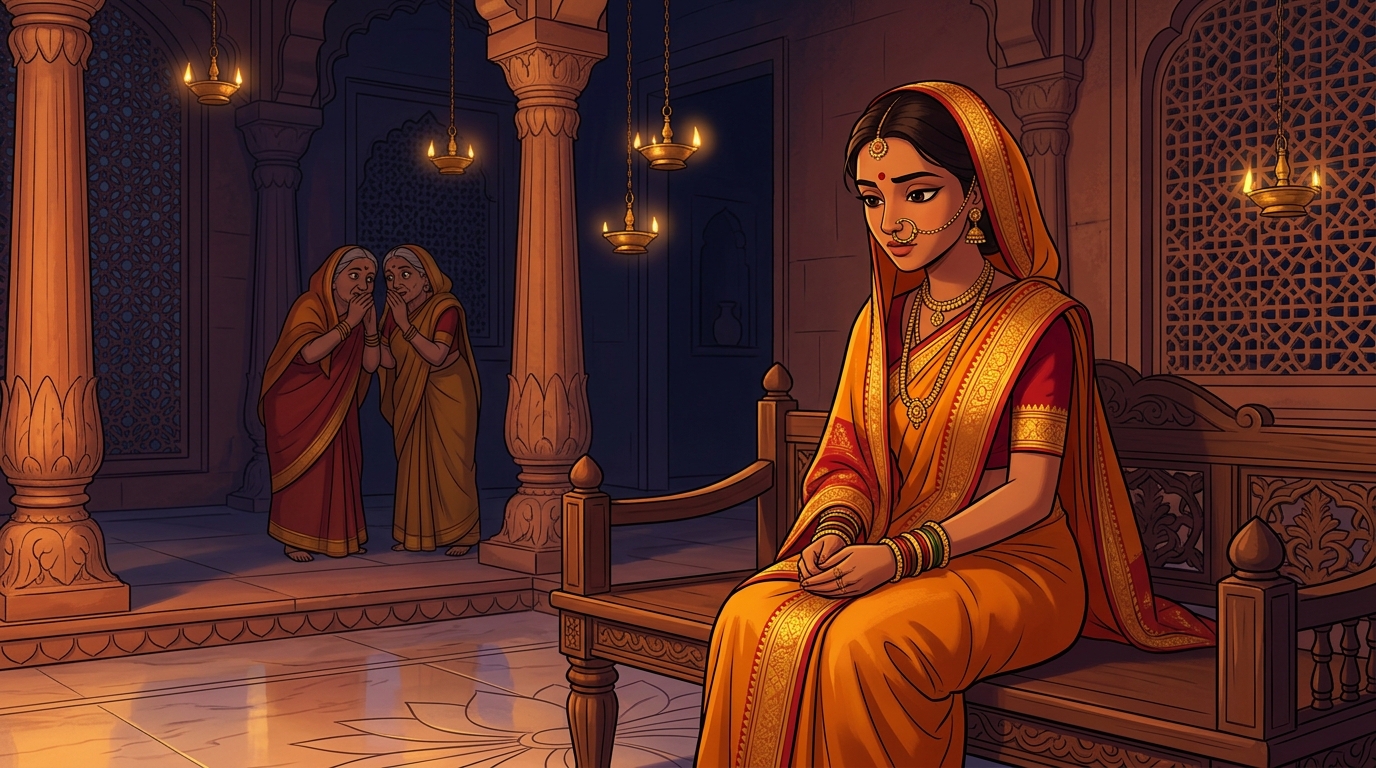 Prabhavati in deep contemplation, realizing superstitious flatteries cannot fool a vigilant mind