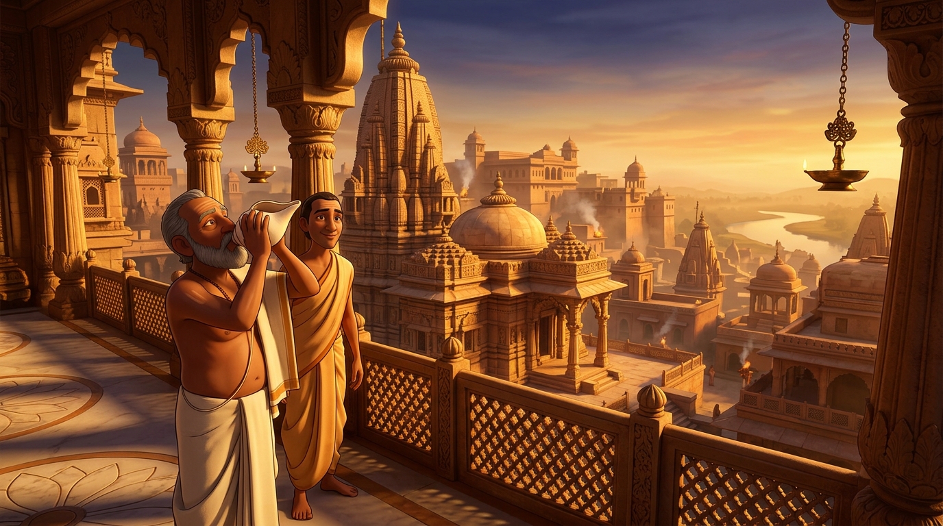 Golden dawn sunlight flooding across the Chandravati skyline as temple conches sound