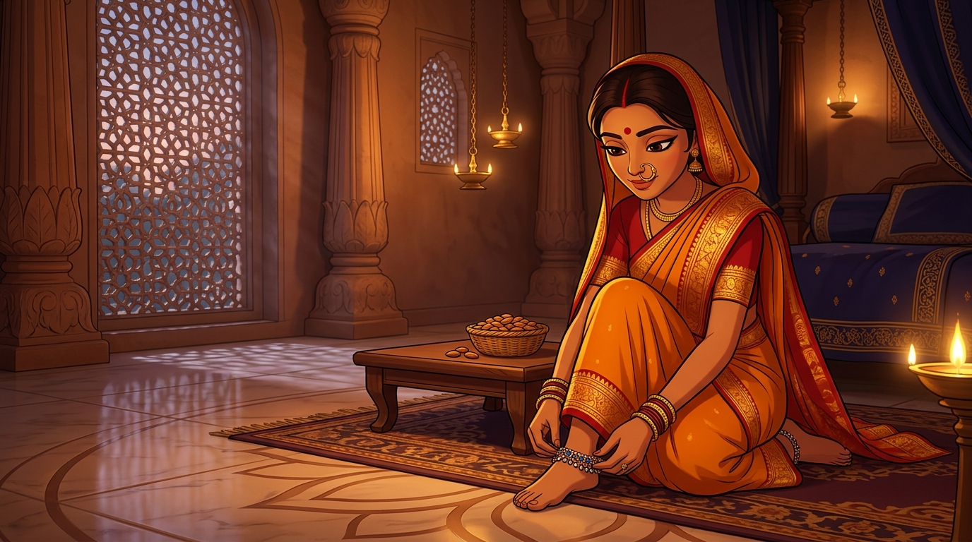 Prabhavati unclasps the sapphire anklet, gives Shuka sweet almonds, and retreats peacefully