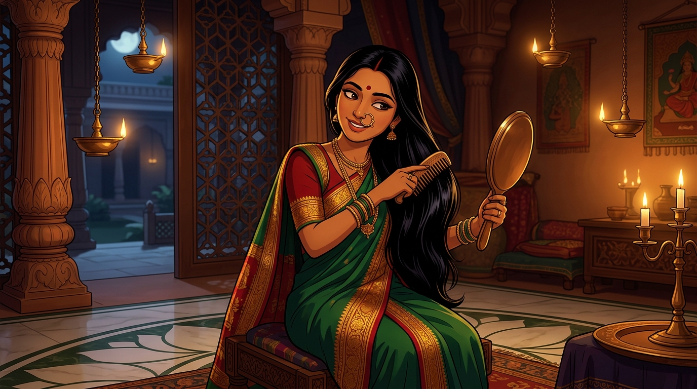 Prabhavati in emerald-green and gold silk combing her long hair by candlelight