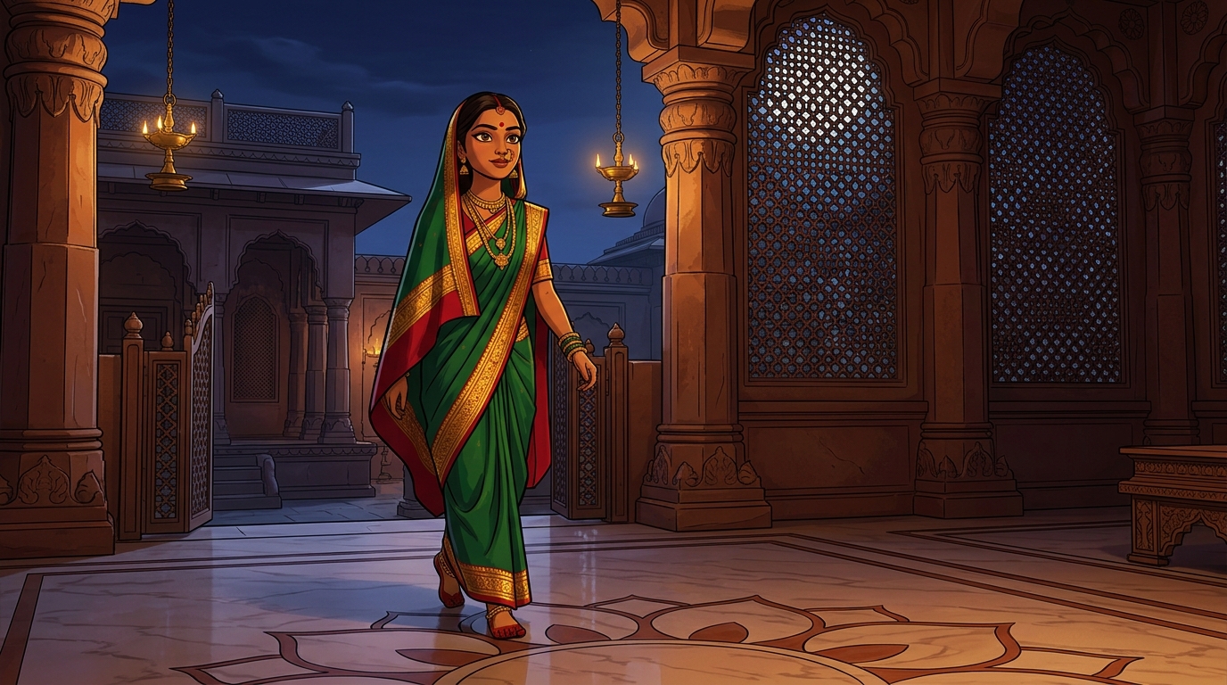 Prabhavati walking toward the courtyard gate with swift, confident steps under the moonlit sky