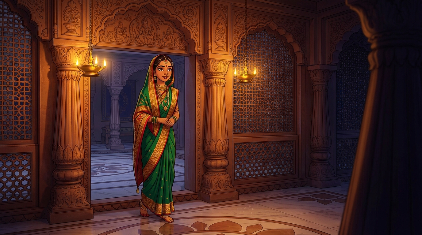 Prabhavati pausing on the doorstep with an amused smile