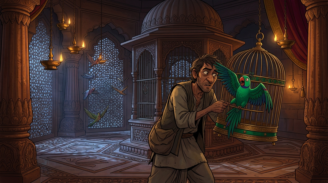 In ancient Magadha, King Yashovarma's rare speaking emerald parrot Manikantha is stolen from the palace