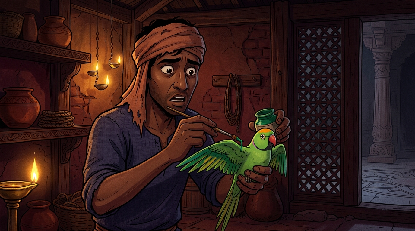 In his dark hut, the terrified fowler catches a mute parakeet, dipping wings in malachite dye
