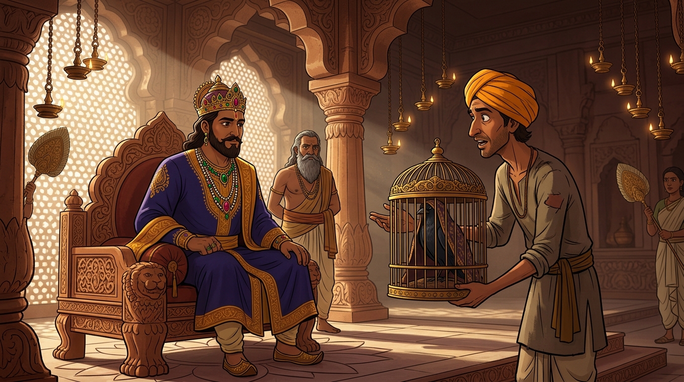 The fowler brings the disguised bird in an ornate cage before King Yashovarma, asking 500 gold coins