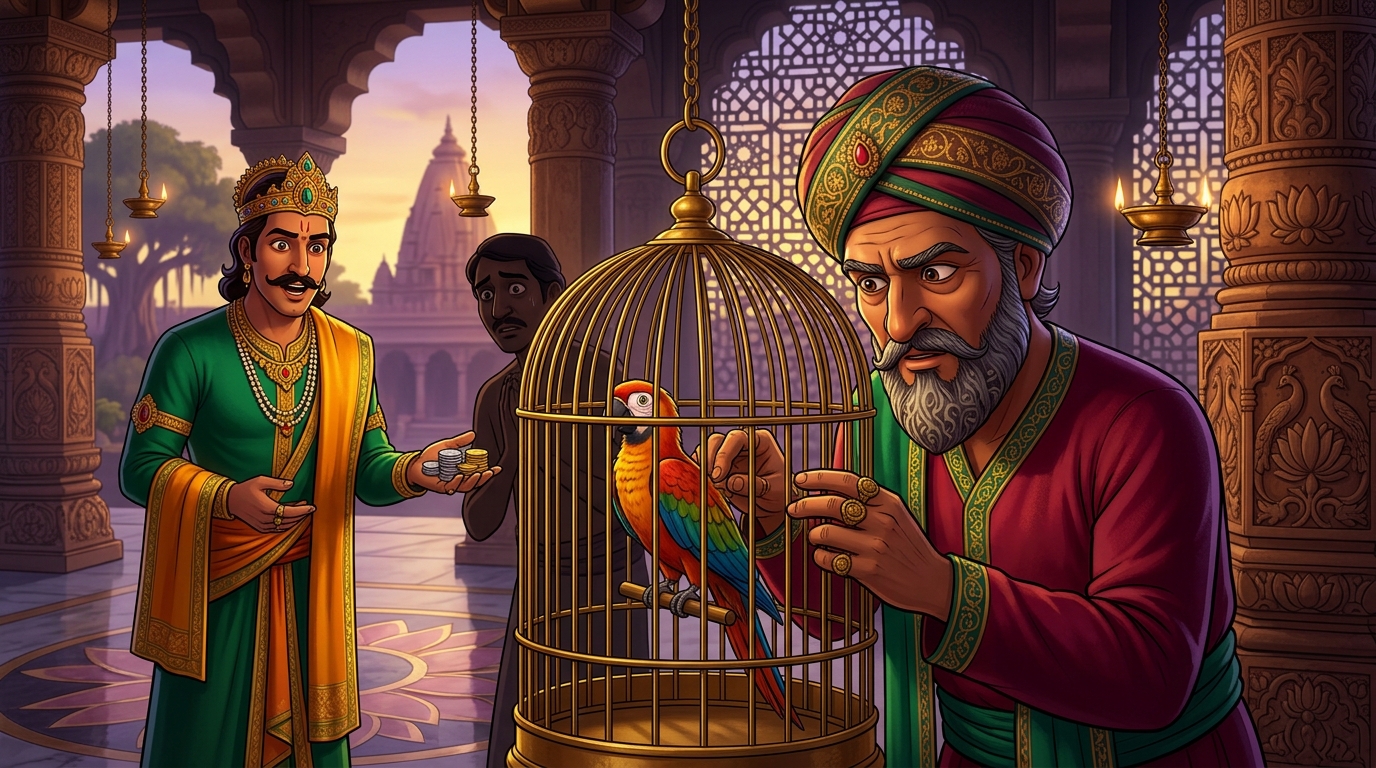 The King is ready to pay, but Minister Sumedha inspects the cage closely, noticing stiff feathers